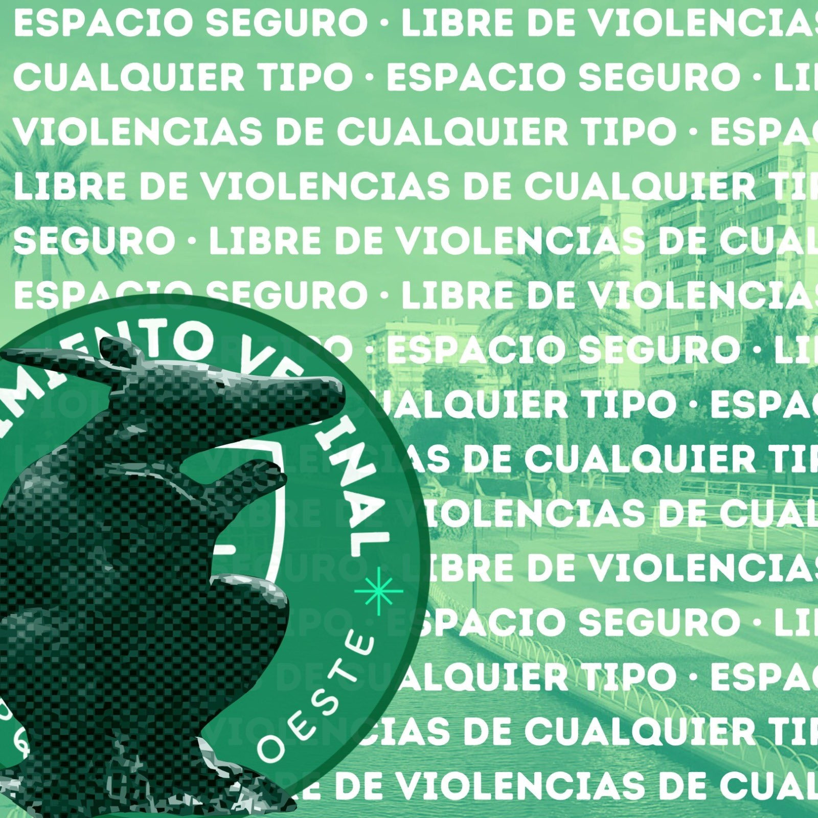 Fotografía de una de las estatuas del Parque del Oeste, como cartel de espacio seguro y libre de violencias